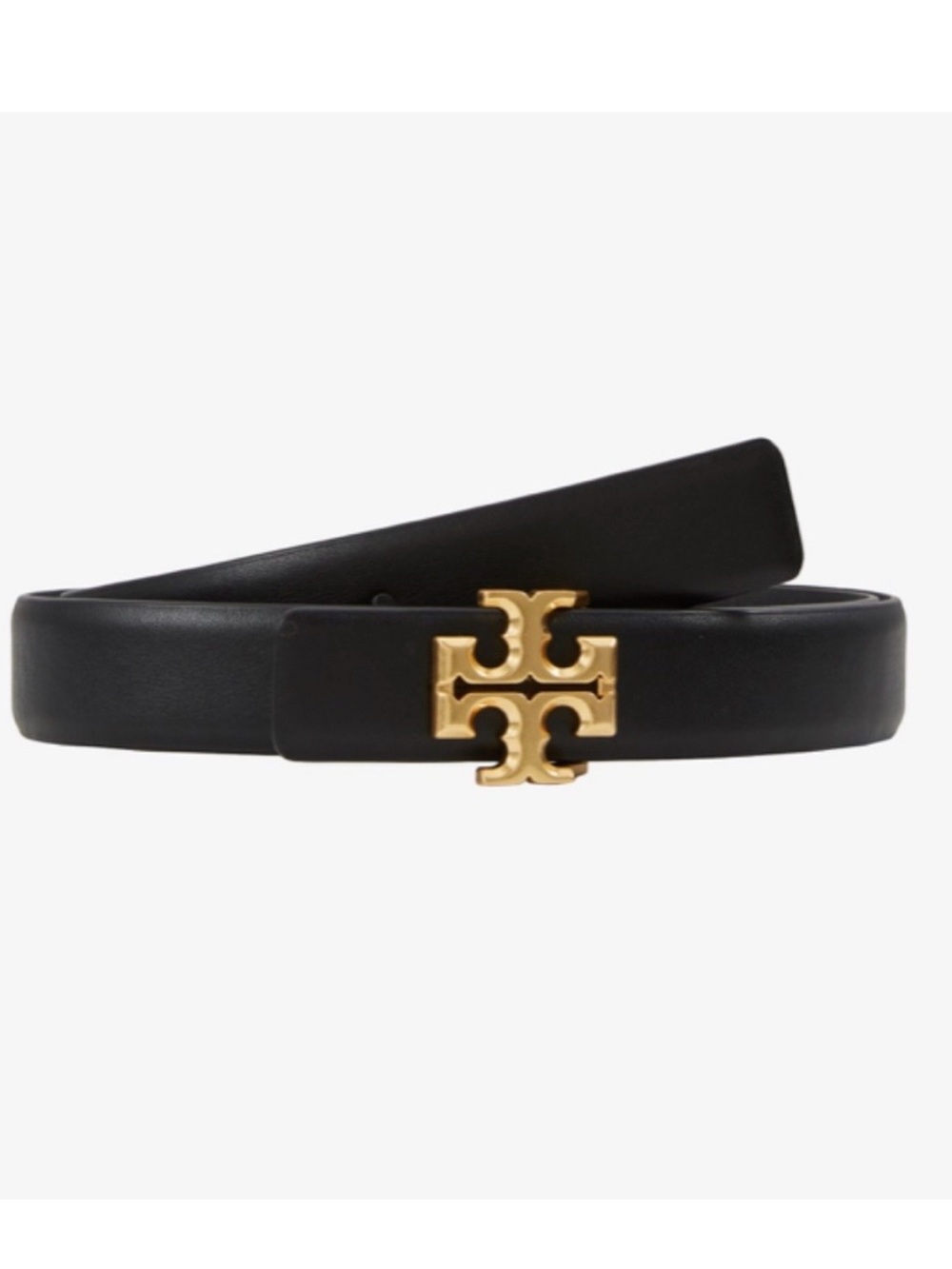 Tory Burch Black Leather Eleanor Belt with Gold Logo 
Size S